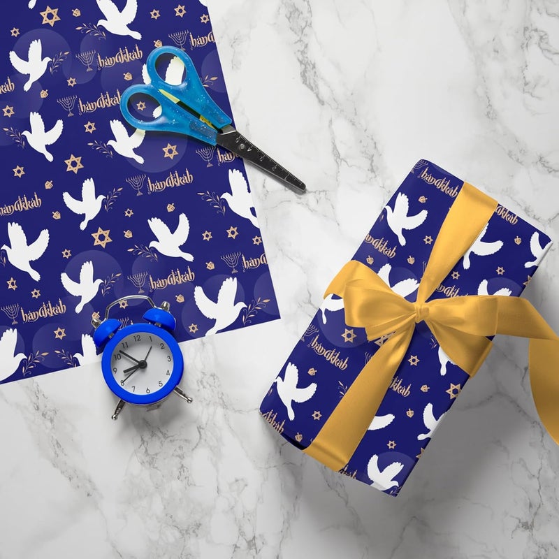 Cuitpan Hanukkah Wrapping Paper - Festival Gift Wrap with Doves, Menorahs, Star of David & Hanukkah Design - Perfect for Jewish Holiday Presents - 40×28 Inches, 4 Folded Sheets - Image 4